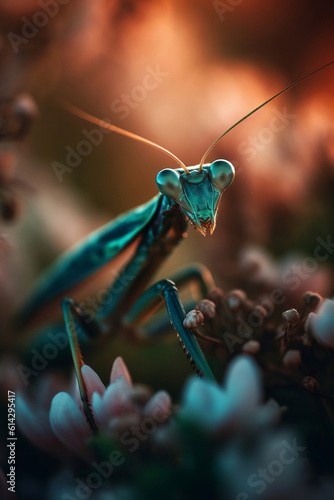 Macrography praying mantis on a leaf, Generative AI photo