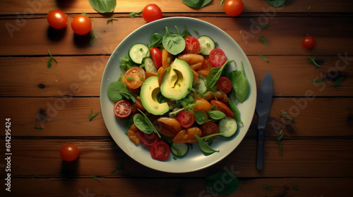 Plate with a very appetizing salad on a wooden table, Generative AI