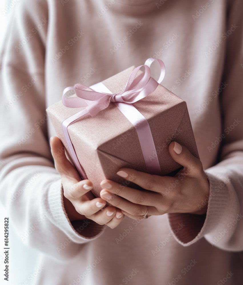 Woman holding gift box with ribbons. Woman holding gift box with ribbons.