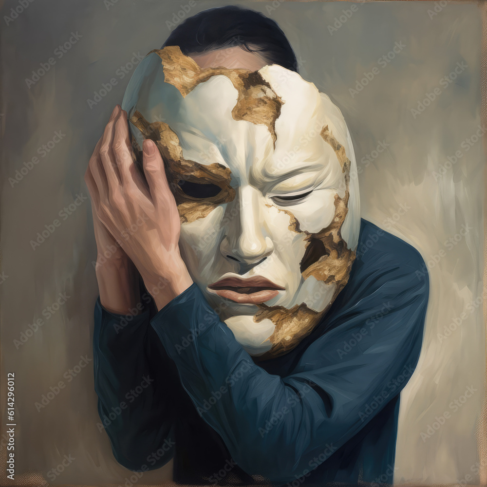 A painting of a man holding an sad, damaged mask to hide his true