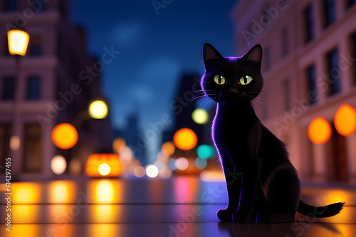  A black kitten, cat in the background of the city. Generative AI