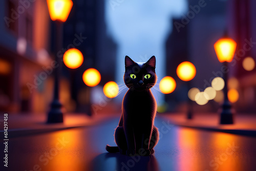  A black kitten, cat in the background of the city. Generative AI