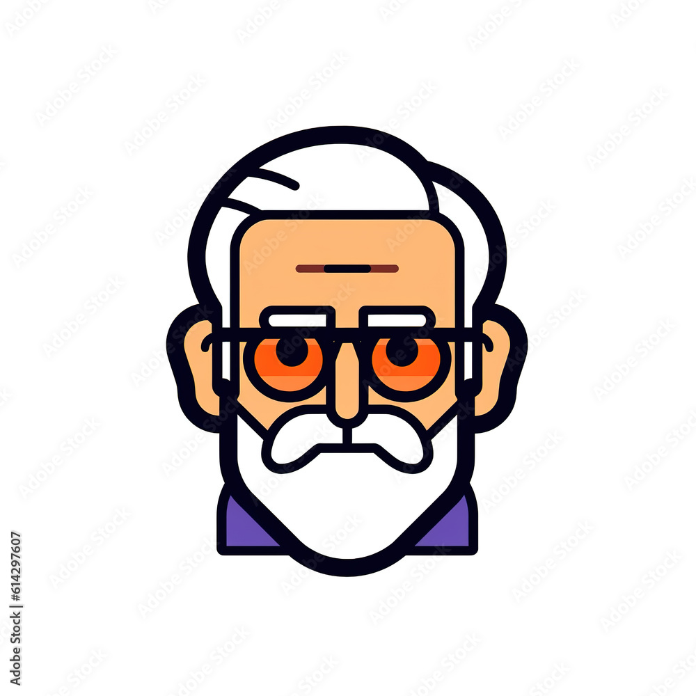 Old man with glasses cartoon avatar icon vector art isolated on white background. Minimal grandpa cartoon solid color bold outline art style. Digital illustration generative AI. Old man with glasses cartoon avatar icon vector art isolated on white background. Minimal grandpa cartoon solid color bold outline art style. Digital illustration generative AI.