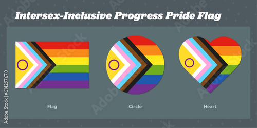 Intersex-Inclusive Progress Rainbow Pride Flag Vector Graphics: Flag, Circle, Heart Shapes
