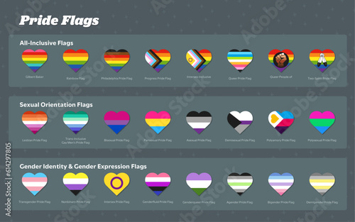 Pride Flags Heart Shaped Vector Graphics Grouped with Labels