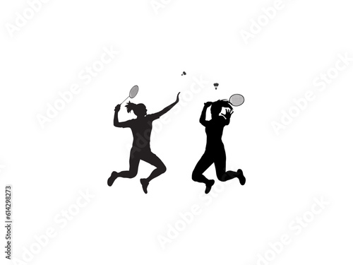 Silhouette young woman badminton player jumping with a racket on a white background Vector illustration.