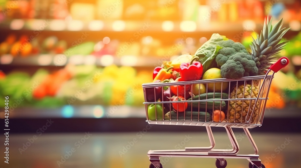 shopping cart full of vegetables, shopping cart in supermarket, Shopping cart full of food Generative AI