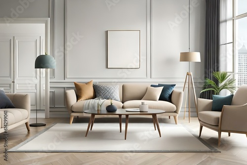Blank poster frame mock up in scandinavian style living room interior, modern living room interior background and beige sofa