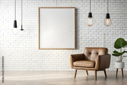 Blank wooden photo frame mockup in the brick wall with white interior and vintage light bulbs isolated on white minimalist room