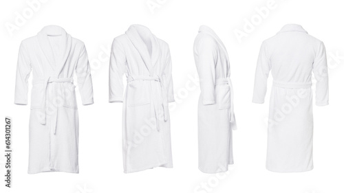 Collage with clean terry bathrobe on white background, different views