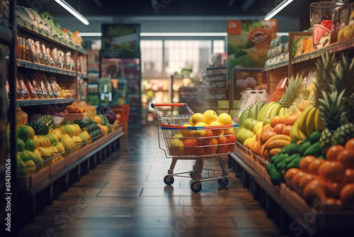 A shopper perspective down a brightly lit grocery store aisle, with a shopping cart, fresh produce and packaged goods on display
