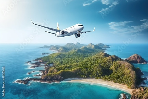 Airplane is flying over islands and tropical coastline. Landscape with white passenger aircraft