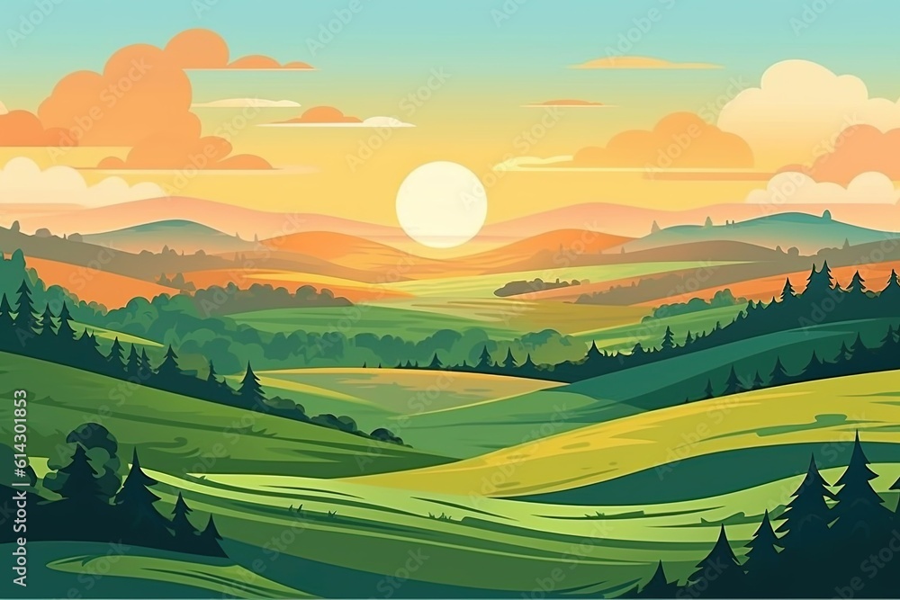 Beautiful summer landscape with hills and meadows. Vector illustration with AI-Generated Images.