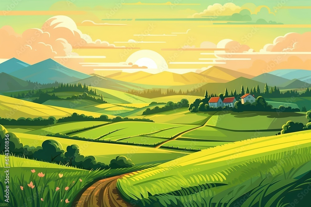Beautiful summer landscape with hills and meadows. Vector illustration with AI-Generated Images.
