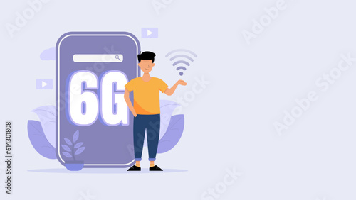 6G network technology, Young adult men with smartphones using wireless fast internet, Vector Flat Illustration