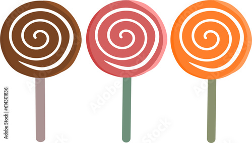 Dark  chocolate candy, strawberry candy and orange candy. Vector Illustration.
