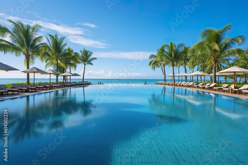 Enjoy the ocean view in a pool with clear clean water under palm trees on vacation, AI generative travel background