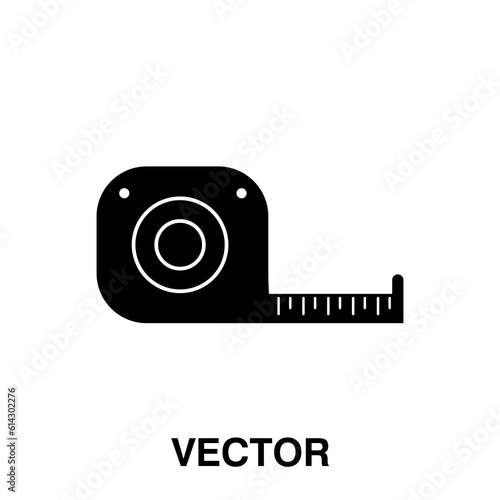 Construction measurement, measuring tape tool icon in flat black line style, vector illustration on white background. 