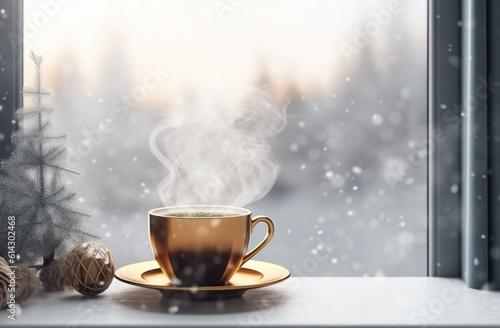 A cup of coffee on a window sill in winter. Generative AI. Copy space, place for text.