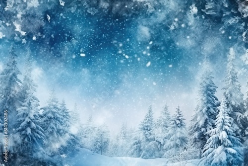 Winter landscape with snowy fir trees and falling snow. Christmas background with AI-Generated Images. © kiimoshi