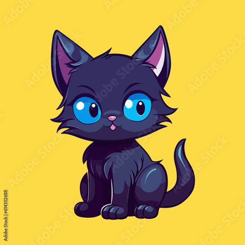  Black magical halloween witch kitten Cat.  Pet domestic Animal. Flat vector illustration clipart for children