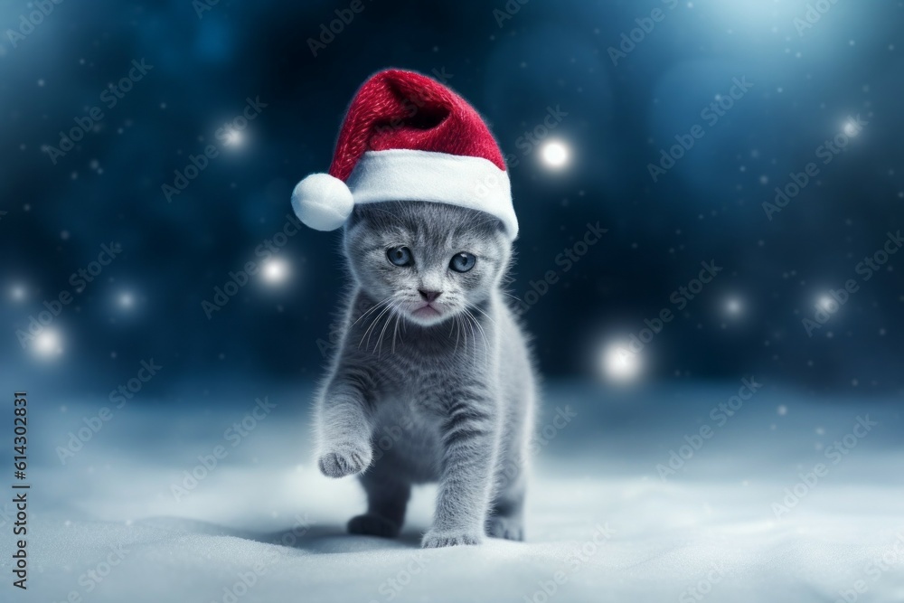 Cute kitten in Santa Claus hat or christmas red cap. Russian Blue breed cat. AI generated, human enhanced Cute kitten in Santa Claus hat or christmas red cap. Russian Blue breed cat. AI generated, human enhanced