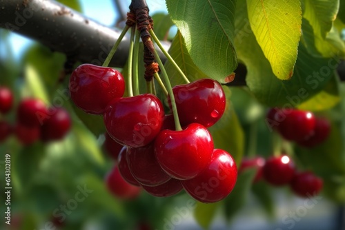 Cherry background close up. Seasonal harvest. AI generated, human enhanced