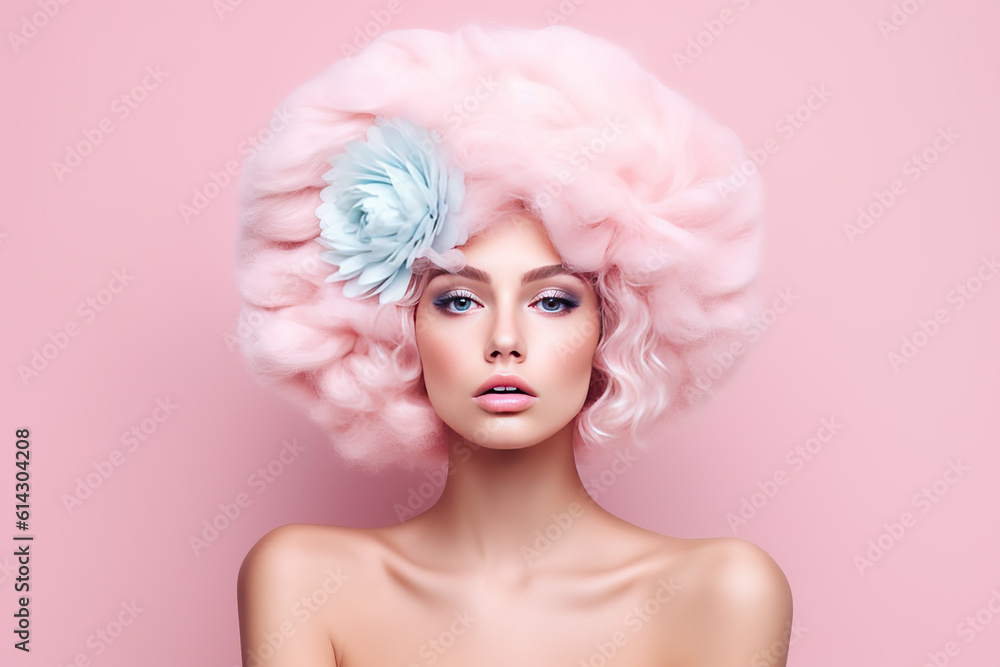 Portrait of a beautiful girl in pastel vivid colors. Spring, beauty, hairstyle. Generative AI.