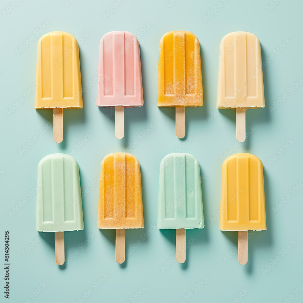 Colorful fruit and ice cream popsicles, flat lay, knolling. Summer, fruit, holliday background. Ai generative. Illustration Colorful fruit and ice cream popsicles, flat lay, knolling. Summer, fruit, holliday background. Ai generative. Illustration