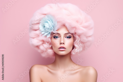 Portrait of a beautiful girl in pastel vivid colors. Spring, beauty, hairstyle. Generative AI.