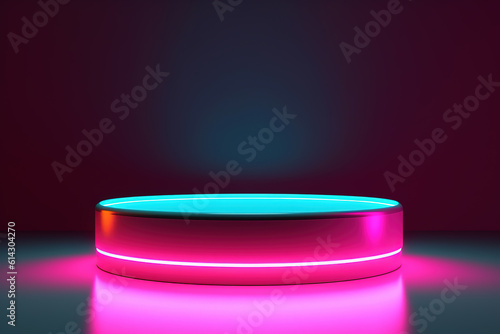 Abstract trendy neon background. Glowing frame with copy space. Empty stage, fashion podium for product displaying. Ai generative