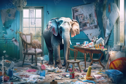 Illustration of a elephant in the room. Metaphor, stress, comfort concept. Generative Ai