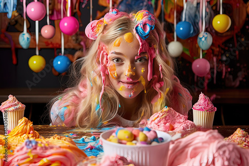 Birthday girl. Girl covered in cream, smashed cake, after party. Ai generative © hiddencatch