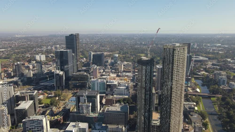 Aerial drone view of Parramatta CBD in Greater Western Sydney, NSW, Australia showing development of the city as at June 2023 Aerial drone view of Parramatta CBD in Greater Western Sydney, NSW, Australia showing development of the city as at June 2023