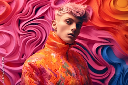 Illustration of a man with vibrant pink hair standing in front of a dynamic and colorful background created by generative AI created with Generative AI technology