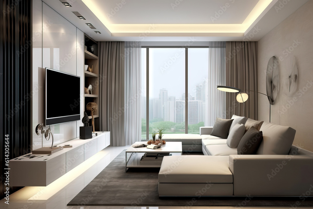 Fototapeta premium modern living room in a building with a city view