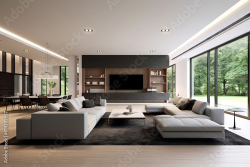 modern living room with high ceilings tall windows a good natual light