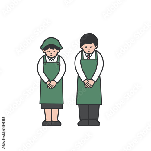 お辞儀するスーパーの店員男女のイラスト