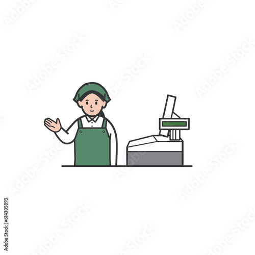 スーパーのレジで案内する女性店員