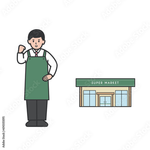 ガッツポーズをするスーパーの男性店員と店舗のイラスト
