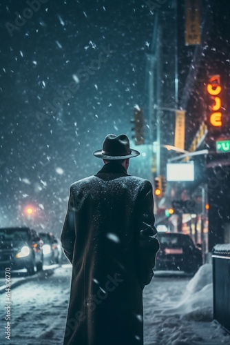 Mysterious Man Wearing a Coat and Hat Walking Through a Snowy City at Night (Made with Generative AI)