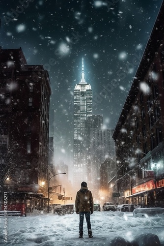 Wide Angle View of a Person Standing in the Middle of a Snowy City Street at Night (Made with Generative AI)