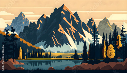 Flat illustration of spring summer green forest with lake and mountains on horizon background