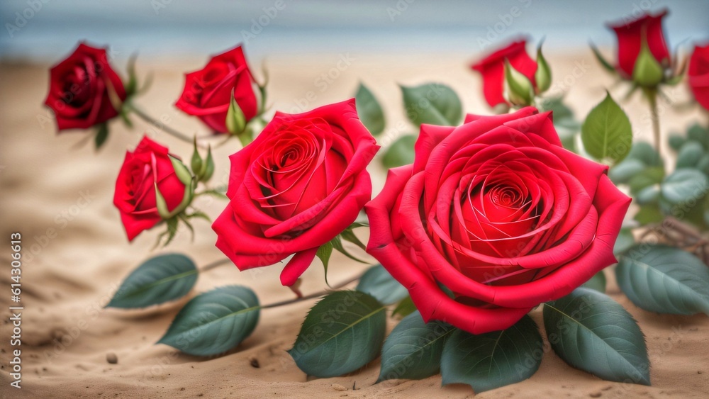 Soothing Elegance: Bunch of Red Roses on a Serene Sandy Beach