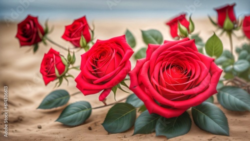 Soothing Elegance  Bunch of Red Roses on a Serene Sandy Beach