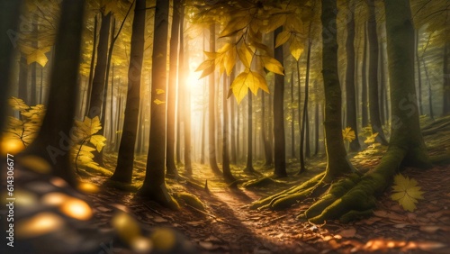 Autumn's Golden Hour: Sunbeams Illuminate Colorful Forest Canopy