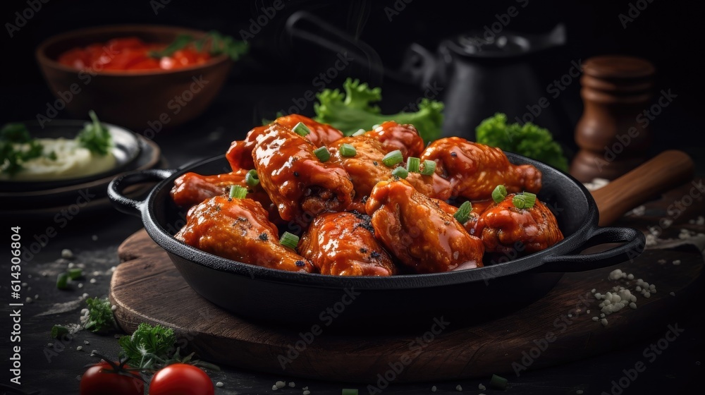 Close-up Buffalo Wings with cut vegetables on a black plate and blur background Close-up Buffalo Wings with cut vegetables on a black plate and blur background
