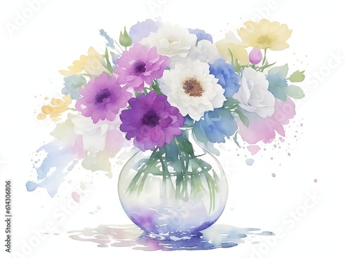 Whimsical Watercolor Vase with Scattered Flowers on White Background