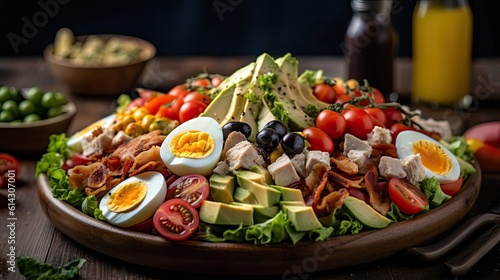 Close-up Cobb salad full of chunks of vegetables, boiled eggs and meat on blur background photo