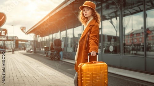 Woman travel with trendy summer fashion cloth with her bag in train station, holiday trip and vacation in modern lifestyle concept with train. Picturesque generative AI